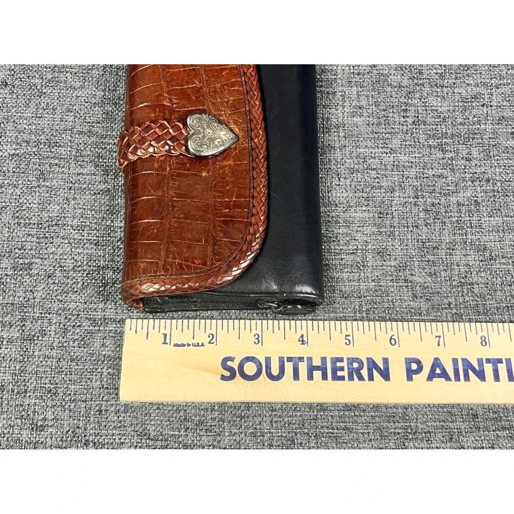Brighton Leather Wallet Black Cognac Brown Croc Embossed Heart Braided Trim VTG